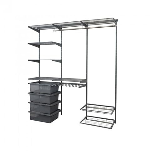 INTEGRI Kleiderschrank, Regalsystem, Garderobe, Ordnungssystem - Grau, pulverbeschichteter Stahl - 200x185x42 cm - wandmontage, offen, für Schlaf- & Wohnzimmer, mit Kleiderstangen & Ablagekörbe
