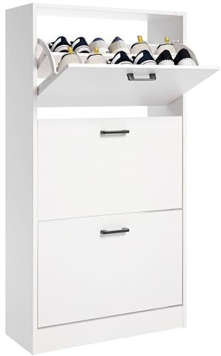 Blisswood White 3 Drawer Shoe Cabinet Cupboard, Pull Down Shoe Storage Organiser Wooden Furniture Unit, Space Saving 3 Tier Shoe Rack Cabinet Footwear Stand for Living Room Hallway Furniture
