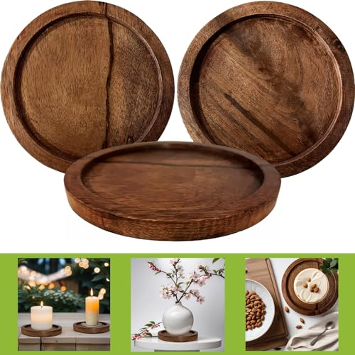 Marrakesch 3er Set Tablett aus echtem Akazienholz Rund 15 cm für Indoor Outdoor | einsetzbar als Pflanzentopf-Untersetzer Kerzenteller Schlüsselablage Serviertablett oder Schmucktablett