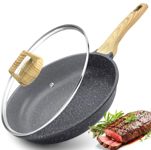 GiPP Nonstick Skillet Frying Pan with Lid,Grey Granite Non Stick Pans,Omelette Pan with Heat-Resistant Handle,Compatible with All Stovetops,PFOA Free (Grey, 24cm+Lid)