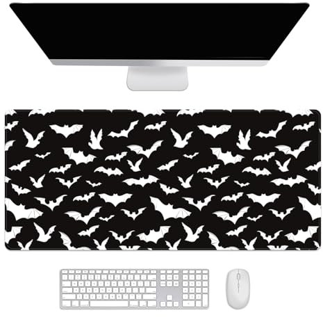 Schwarze und weiße Goth-Fledermaus-Schreibtischmatte, Schreibtisch-Zubehör, niedlicher Arbeitsplatz, trendig, 89,9 x 39,9 cm, großes Gaming-Mauspad, niedliche Schreibtischauflage, hübsche
