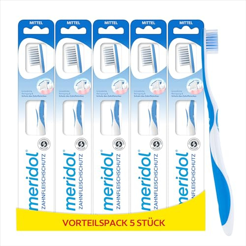meridol Zahnbürste Zahnfleischschutz, mittel, 1 Stück - Handzahnbürste für eine schonende Reinigung von Zähnen am Zahnfleischsaum (Packung mit 5)