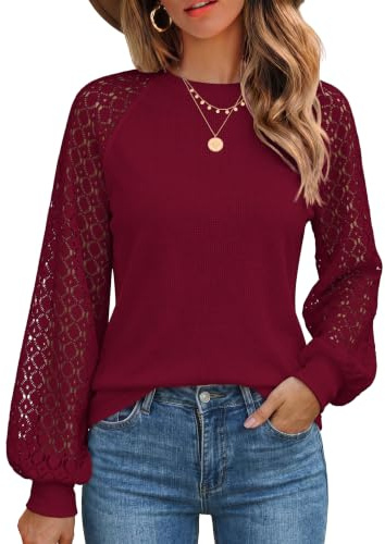 Zeagoo Camicia Donna Elegante Manica Lunga Girocollo in Pizzo Blusa | Tinta Unita |Casual Autunno Camicetta