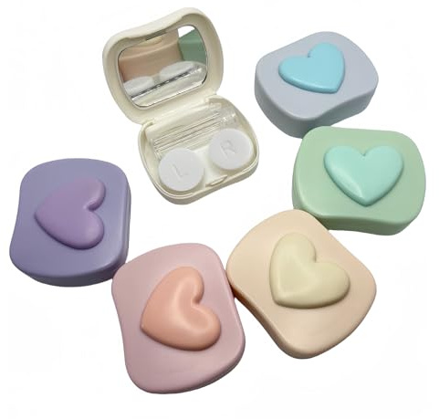 BEDARTIST Lot de 6 étuis à lentilles de contact 3D en forme de cœur, couleur bonbon, étui de voyage pour lentilles de contact, pinces, outil de retrait pour un usage quotidien en extérieur (couleur