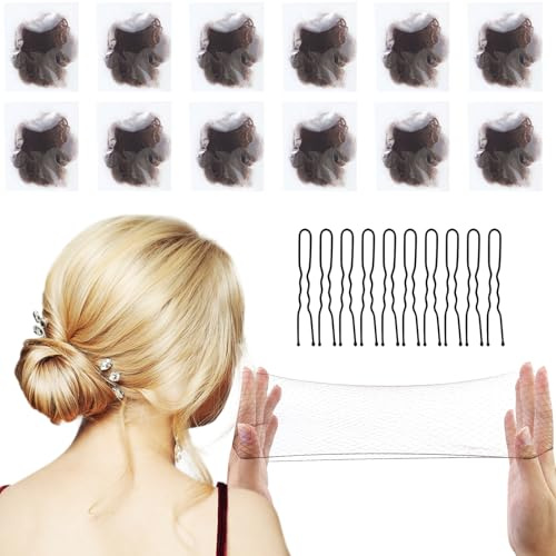 12pcs Hair Nets for Buns,Bun Nets,Hair Bun Net,Ballet Hair Net for Girls,Hair Nets for Women Buns, 50cm/20inch Elastic Edge Mesh, with 10pcs U Shaped Hair Pins, for Hair Ballet Gymnastics Bun Making