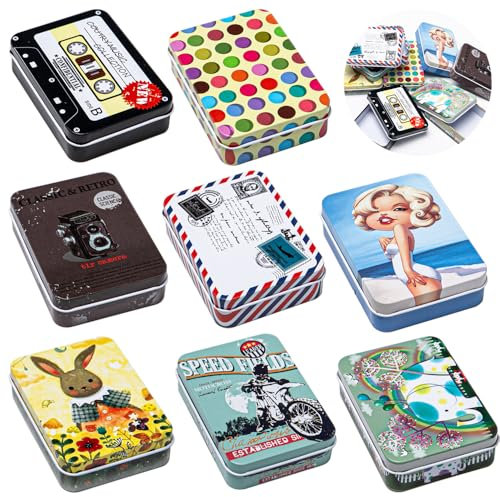 Sixfolo 8 Pcs Mini Vintage Tin Boxes with Lids - Rectangular Metal Tins for Candy, Jewelry, Keys & Small Items (90x65x25mm)