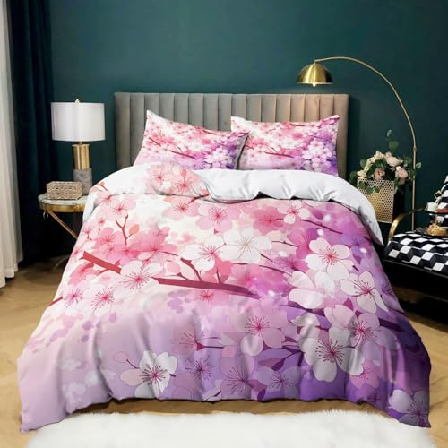 Aquarelle Housse de Couette 90x190 Fleurs de Cerisier Japonais Parure de Lit 1 Personne, 3D Imprimé Enfants en Microfibre Douce Respirante Housse Couette avec 2 Taies d'oreiller 65x65 cm