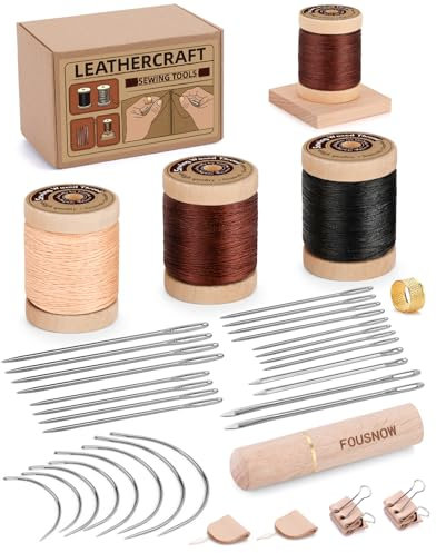 FOUSNOW Kit de costura de cuero, kit de costura de cuero, kit de costura resistente con hilo encerado redondo, agujas de cuero para coser a mano, kit de reparación de tapicería para alfombras de lona,