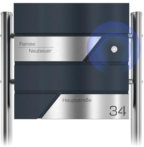Graviers Design Standbriefkasten mit Funkklingel - Postkasten personalisiert Edelstahl Lasergravur Name Hausnummer Straßenname - Anthrazit RAL 7016 Briefkasten Schloss Design 1
