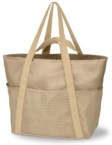 Boziee stor dam shopper vattentät strandväska strandväska väska väska resväska med dragkedja för vardag strand resor shopping spröd, Beige, L