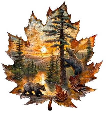 Holzpuzzle Erwachsene und Kinder, Brown Bear Autumn Unregelmäßig Einzigartige Puzzle, Holz Puzzle Erwachsene Mit Geschenkbox Aus Holz (L-220 Stück)