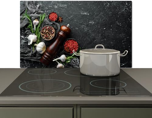 KitchenYeah© Spritzschutz Herd Küchenrückwand Vinyl Küchendeko Wand | 91x52 cm - Wandverkleidung, Herdabdeckplatten Kräuter - Paprika - Knoblauch - Beton