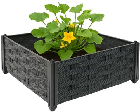 Rattan Plastic Raised Bed Kit – Outdoor Garden Planter for Flowers Fruit & Veg – Interlocking Stackable Panels – W45cm x H21cm – Weather-Resistant Raised Planter Bed – Easy Assembly (1 Kit - 4 Panels)