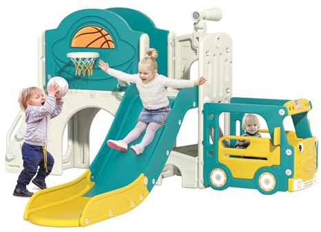 9-in-1 Toddler Slide, Bus-Themed with Climbing Ladder,Tunnel and Basketball Hoop, Indoor Outdoor Garden Slide Set, Children's Montessori Play Equipment,Gifts for Kids Girls Boys Teen Ages 1-6