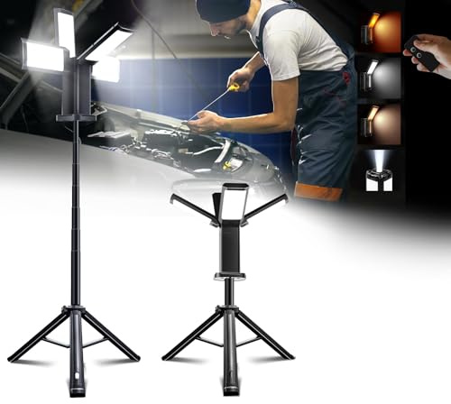 Upgraded Portable Work Light with Remote,4 Head Camping Light with Stand,8000LM Cordless LED Work Lights, Bright Telescopic Camping Lights, 67 Portable Tripod Work Light for Outdoor, Jobsite