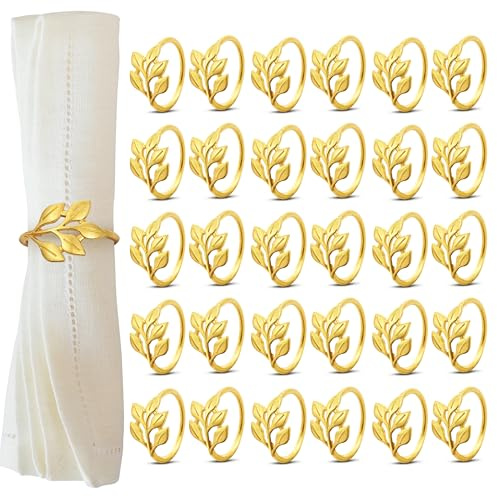Chumix Serviettenringe Gold 30 Stück, Blätter Servietten Ring, Napkin Ring für Weihnachten, Hochzeit, Abendessen Party, Valentinstag, Ostern, Familie Sammeln, Esstischdekoration