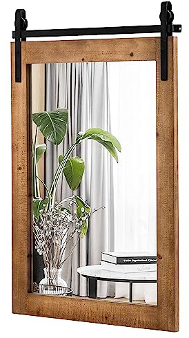 FANTASK Rechteckiger Wandspiegel mit Metallhalterung & Holzrahmen, Rustikaler, Unbrechbarer Hängespiegel, Spiegel für Schlafzimmer, Flur & Wohnzimmer, 76,5 x 56 cm (Braun)