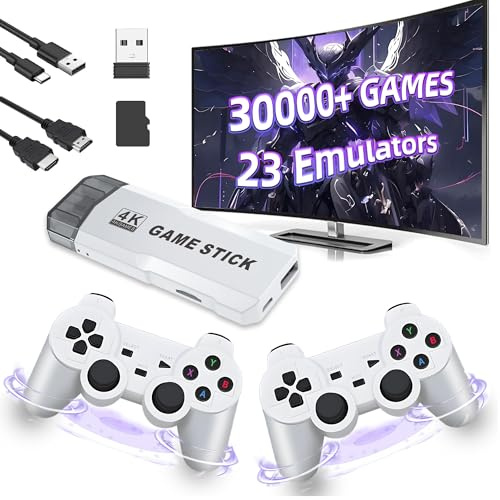 M2 Retro Konsole Spielkonsole Game Stick 4K,30.000+ Spielen 23 Emulatoren,Retro Game Stick mit Zwei 2,4GHz Wireless Controllern,Plug-and-Play-Videospiele für TV,Geschenk für Erwachsene (128G)