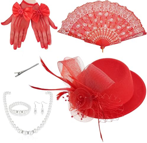 ETOFETE Fascinator Damen Kopfschmuck Karneval Haarreif Tea Party 1920er Hut mit Perlenschmuck Handfächer Spitze Handschuhe