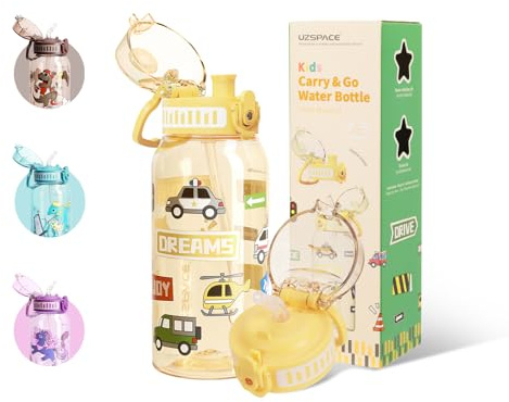 UZSPACE Gourde Enfant avec 2 Bouchons - Bouteille d'Eau 600ml sans BPA - Gourde Sport Enfant à Paille Étanche - Pour École, Sport et Voyage, Jaune