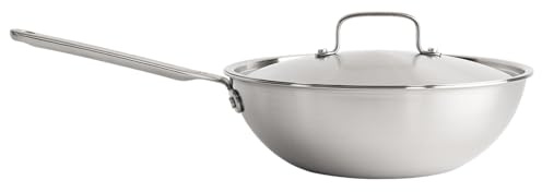 Gastrotools Sartén wok de 26 cm con tapa, sartén de acero inoxidable de 5 capas sin revestimiento, para inducción Wok, sin PFAS, sartén honda de borde alto, sartén profesional para inducción, gas y