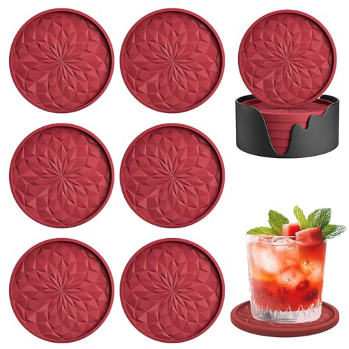 Silikon Untersetzer mit Halter - 6 Stück Tassen Untersetzer Gläser Hitzebeständiges rutschfest Coasters Kein Schimmel Tischuntersetzer Spülmaschinenfest Silikonunterlage Getränkeuntersetzer (Rot)