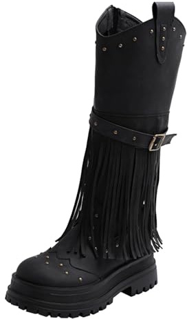 peiaclkde Stivali Al Ginocchio Donna Scarpe Punta Rotonda Tacco Grosso Suola Spessa Stivale Con Cerniera Laterale E Fibbia Dorata Cinghie Boots Frange E Nail Vintage Stivali Per Autunno Inverno
