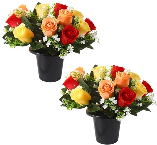 Rppiup Fiori artificiali per tombe, 2 pezzi, fiori funebri viola e bianchi, vasi commemorativi floreali decorativi artificiali con bouquet finto, boccioli di rosa, fiori per cimitero (arancione)
