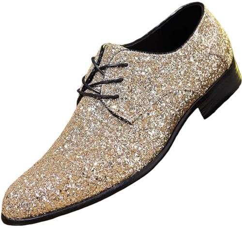 Hixingo Zapatos de Vestir Hombre Sin Cordones, 39-48 EU Zapatos de Cuero Brillo Zapatillas Vestir Hombre Lentejuelas Antideslizante Suela de Goma para Negocios, Discoteca (Oro,44)