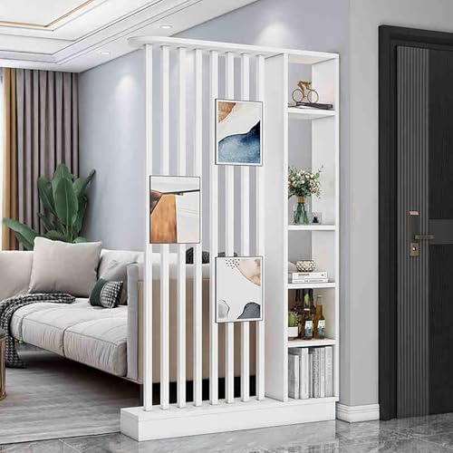 Parete divisoria in legno autoportante,moderno schermo per la privacy a colonna con spazio di archiviazione, adatto per a soggiorni, ingressi, studi e altri luoghi.(White+White,120cm/47.2in)