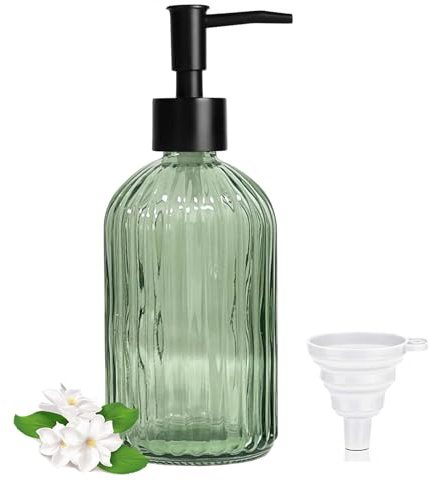 Green Soap Dispenser Bathroom, 400ml Glass Soap Dispenser with Plastic Pump & Funnel, Refillable Hand Wash Soap Dispenser Kitchen Washing Up Liquid Dispenser Pump Bottle for Liquid Lotion, Shampoo