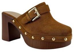 MODELISA - Zuecos con Plataforma de Tacón Ancho con Hebilla y Tachuelas Decorativas para Mujer (Camel, Sistema Tallas Calzado EU, Adulto, Mujer, Números, Mediano, 41)