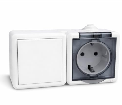 Base de Enchufe Exterior Schuko Estanco con Interruptor Conmutador y Tapa para Superficie, IP54 Impermeable, 16A 250V, Enchufe Resistente al Agua para Jardín, Terraza e Interior (Blanco)