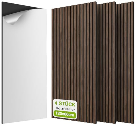 AKK-STAVE Akustikpaneele selbstklebend, 2,88m² 4er-Set (120x60cm) – 3D Wandpaneele Holzoptik, schallabsorbierende Wandverkleidung für Wohnzimmer, Büro (11# Schwarznuss)