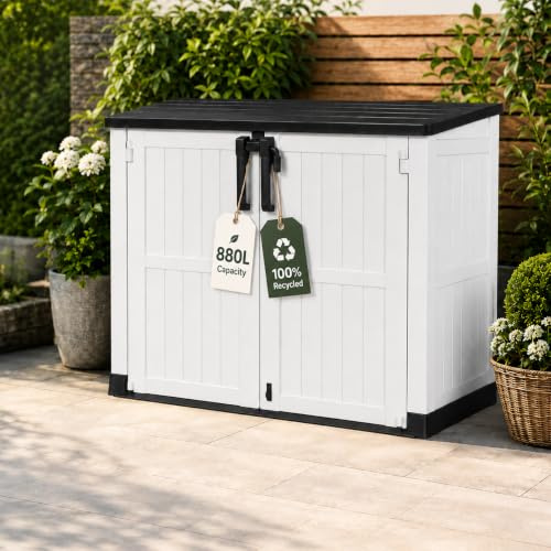 Olsen & Smith 880L Multi-Purpose Outdoor Storage Shed - Lockable Plastic Garden Storage Box with Double Doors & Lift-Up Lid, Weatherproof Bike, Tool, BBQ & Cushion Store, Recyclable ReNew Build