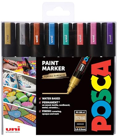 POSCA PC-5M Medium Acrylic Paint Marker Pens, Medium Tip, 8 Metallic Colours, For All Surfaces (Pack of 8 Pens)