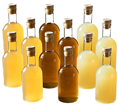 gouveo 6er Set Glasflaschen 250 ml Classic gefrostet gelb (0,25 l) mit Holzgriffkorken – Leere Flaschen für Sirup, Likör, Öl, Essig und Deko
