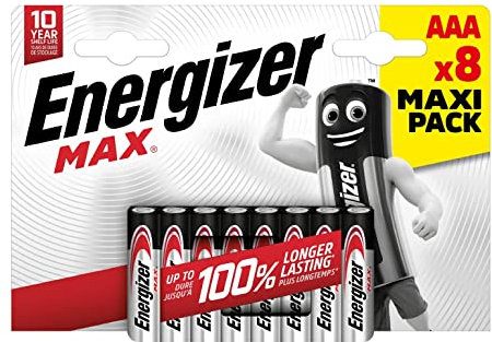 Energizer - MAX, Pack de 8 pilas AAA, larga duración para uso cotidiano, sin sulfatación y 10 años vida útil