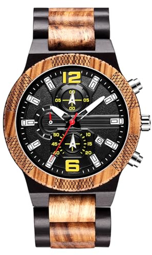 RORIOS Orologi Uomo in Legno Super Light Quarzo Orologio in Legno Naturale Orologi con Calendario Cronografo Sport Uomo Bracciale, ebano A, Bracciale