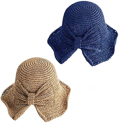 Stroh-Sonnenhut, Sonnenmütze, Sonnenkappe, Sommer-Strandhut für Frauen, Reisen, faltbar, breite Krempe, Schlapphut mit großer Schleife, Marineblau und Khaki, Einheitsgröße