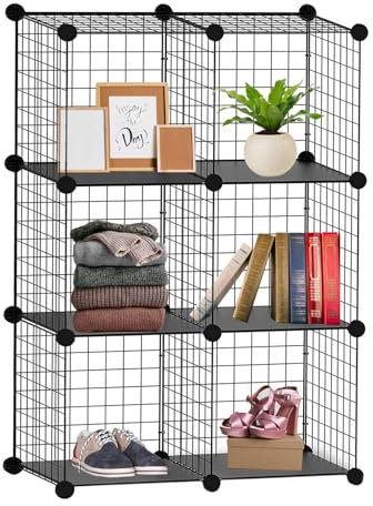 Knight 6 Cube Interlocking Storage Rack | Metal Wire Mesh Shelves | Metal Wire Fence| Combination Display Stand Unit | Large Capacity | Free Rubber Mallet | 62 x 31 x 93 cm | Black
