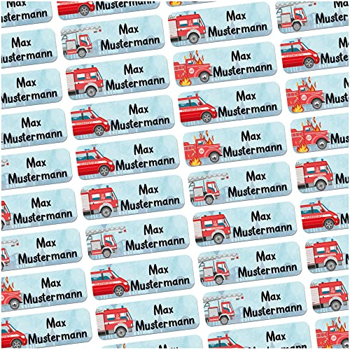 Namensaufkleber Feuerwehr personalisiert wasserfest 60 Stück Schule Kita | Namenssticker mit Wunschname für Brotdose Trinkflasche Stifte Schule Federmappe Kindergarten Schulstart spülmaschinenfest