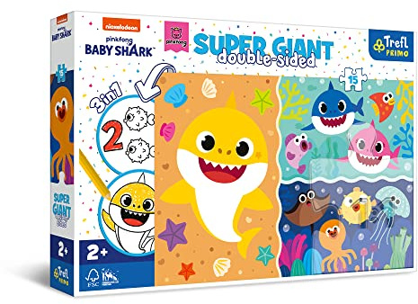 Trefl Primo - Baby Shark, Petit Requin - 3en1 : Puzzle de 15 Très Grands Eléments, Livre de Coloriage, Jeu avec des Eléments de Coloriage, Puzzle Coloré avec des Personnages de Conte de Fées