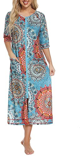 Rubehoow Robe de maison pour femmes avec fermeture éclair sur le devant, manches mi-longues, peignoir de bain pleine longueur en coton doux avec poches, Mandala., XL