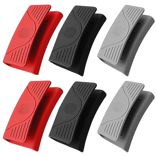 JINTANG 6 Stück Silikongriffe für Töpfe, Hitzebeständig Silikon Assist Griff Klemmgriff Silikon topflappen,Topfgriff Hitzeschutz für Ofenschalen Gusseiserne Bratpfannen(Schwarz,Grau und Rot)