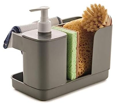 Snips Riordinello - Dispenser Sapone Cucina e Bagno 3in1, Set con Porta Spugne Lavello Cucina, Porta Sapone Dosatore 400ml e Strofinacci - Organizer Lavello Salvaspazio 21x12x18, Made in Italy, Grigio