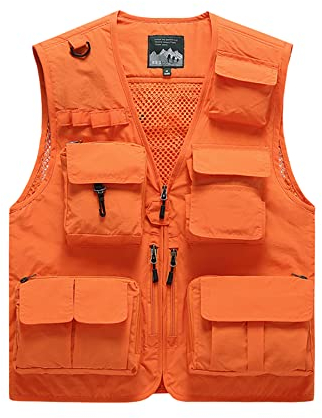 Btmpmcs Herr fiskeväst med flera fickor utomhus snabbtorkande västar safari jakt vandring väst andningsbar fotografi topp ärmlös jacka ytterkläder, B-orange, 3XL