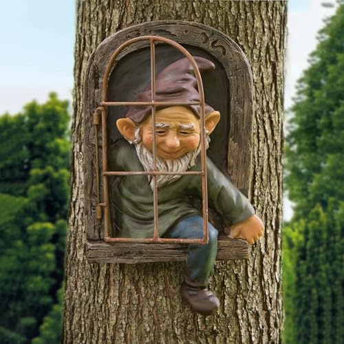 DHOBY GHAUT Elf Out of Door Tree Hugger 12-inch, Gnome Statue Tree Face Garden Decoration for Yard, Patio, Gnome Outdoor Clearance Large Ornaments, Garden Peeker Yard Art