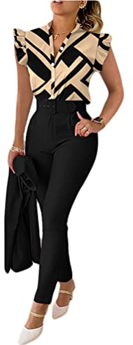 shownicer Completo Due Pezzi da Donna Moda Senza Maniche Camicie Stampate e Pantaloni Set 2 Pezzi Tuta Business OL Formale per Ufficio Lavoro Casual Outfit A Cachi S
