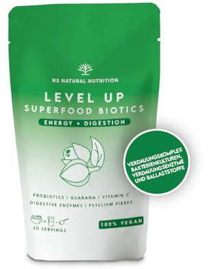 Refuerza la Microbiota. Superfoods con Enzimas Digestivas, Psyllium en Polvo, Probióticos y Vitamina C. Ayuda contra las Digestiones Pesadas y el Estreñimiento. Vegano. N2 Natural Nutrition